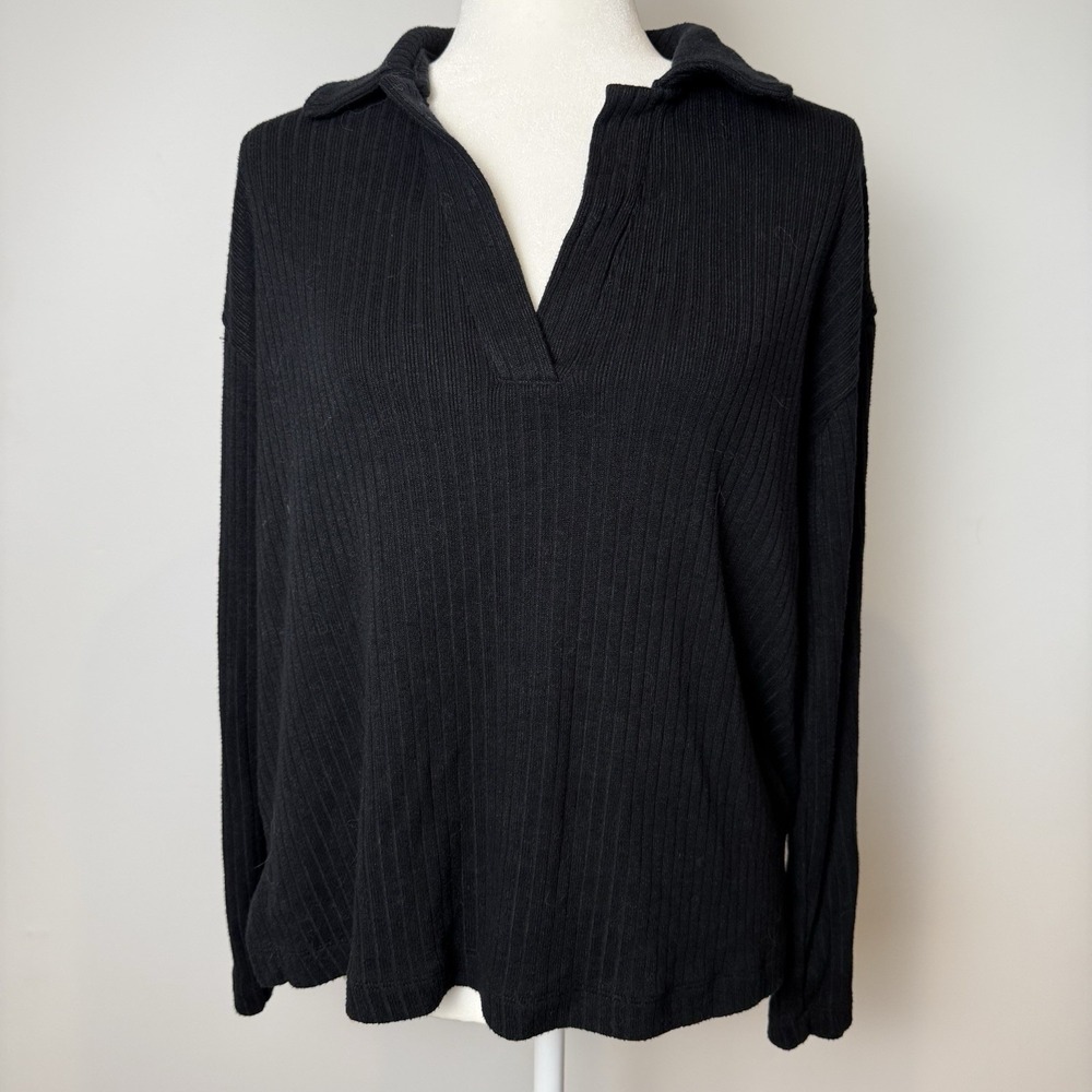 Madewell Sz MED Ribbed Knit Collared Top‎ Black Long Sleeve V Neck Sweater Top